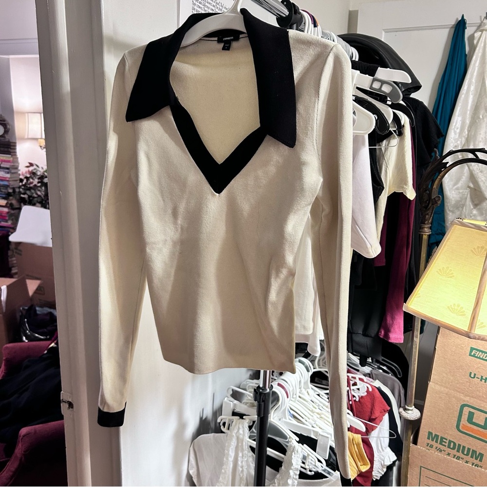 new express black and cream collared sweater